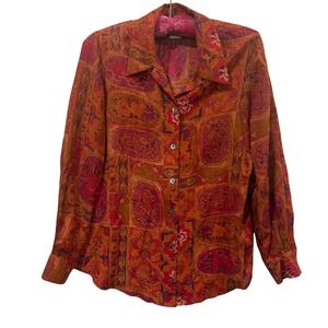 Tess Womens 100% Silk Vintage Tapestry Floral Print Button Down Blouse Red Small
